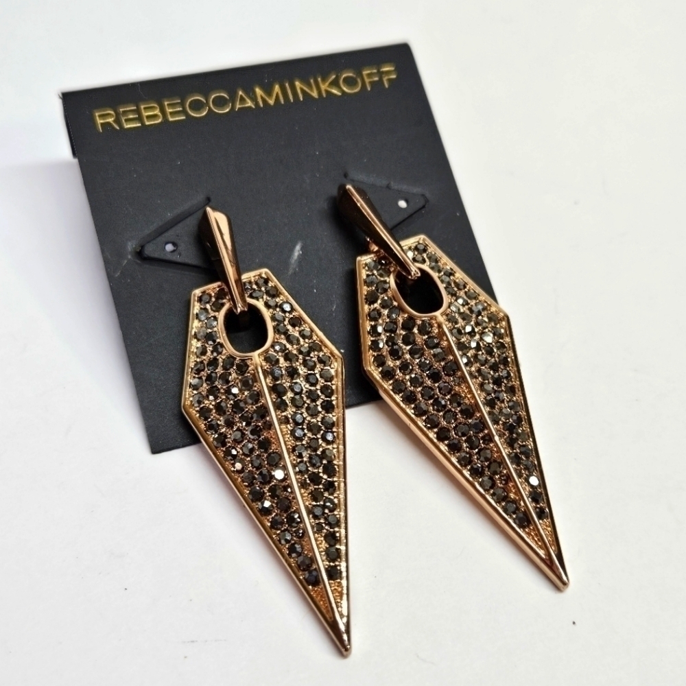 NEW Rebecca Minkoff Blade Collection Earrings Rose Gold-Tone & Black Crystals